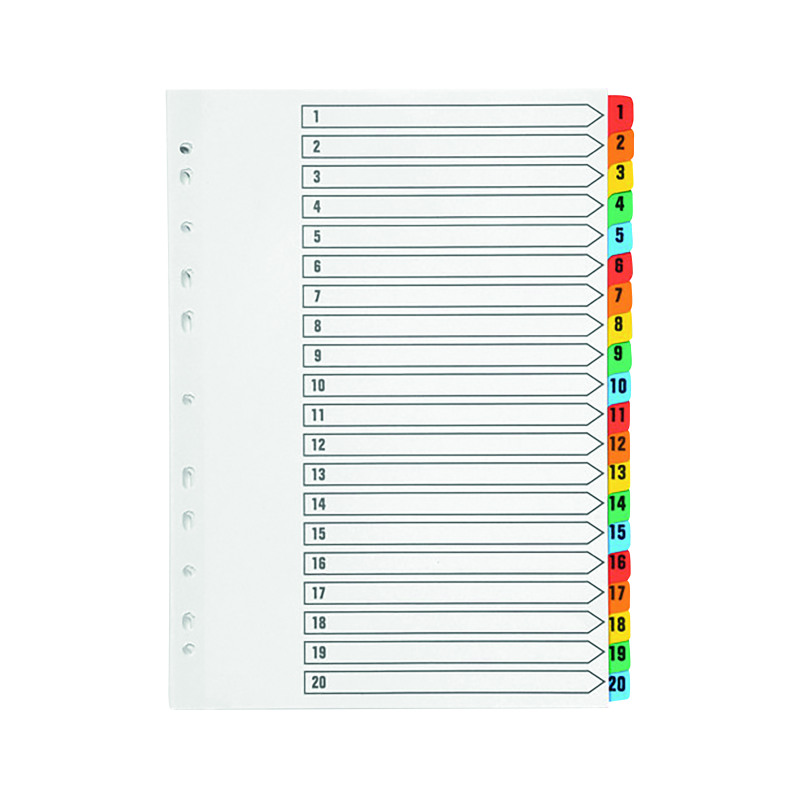 Q-Connect+1-20+Index+Multi-punched+Reinforced+Board+Multi-Colour+Numbered+Tabs+A4+White+KF01521