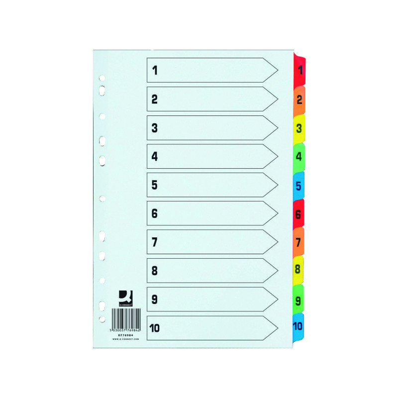 Q-Connect+1-10+Index+Extra+Wide+Reinforced+Multi-Colour+Tabs+KF76984