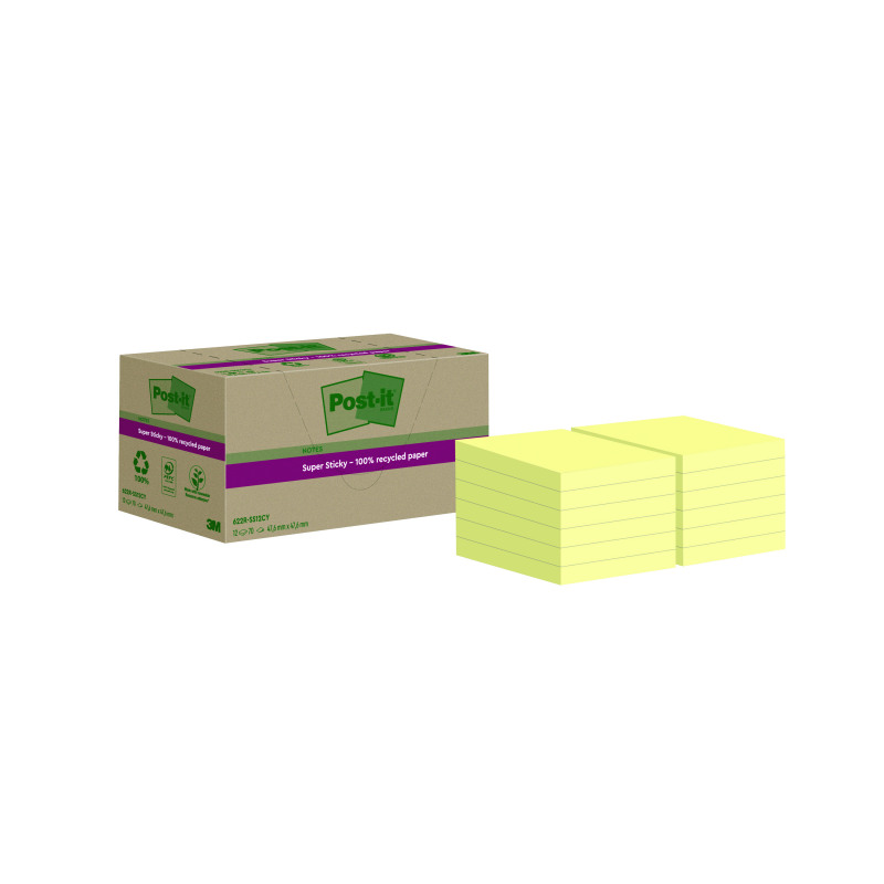 Post-it+Super+Sticky+Recycled+47.6x47.6mm+Cardboard+Packaging+Yellow+%28Pack+of+12%29+622RSS12CY