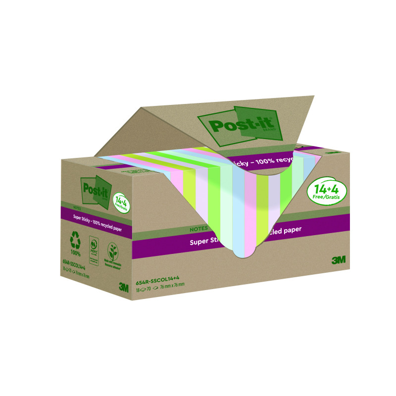 Post-it+Super+Sticky+Recycled+76x76+Cardboard+Packaging+Assorted+%28Pack+of+18%29+654RSSCOL14%2B4F