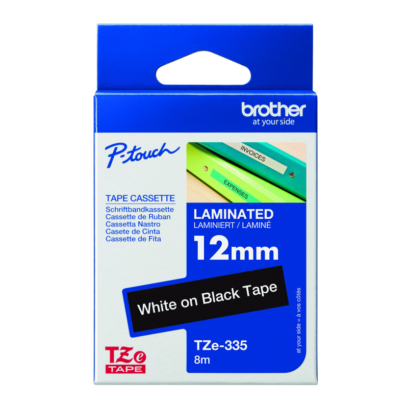 Brother+P-Touch+TZe+Lam+Tape+Cassette+12mm+x+8m+White+on+Black+Tape+TZE335