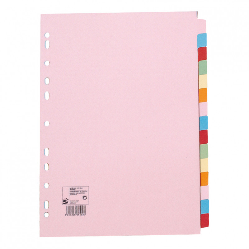 5+Star+Office+Subject+Dividers+15-Part+Recycled+Card+Multipunched+155gsm+A4+Assorted+%28Pack+of+10%29