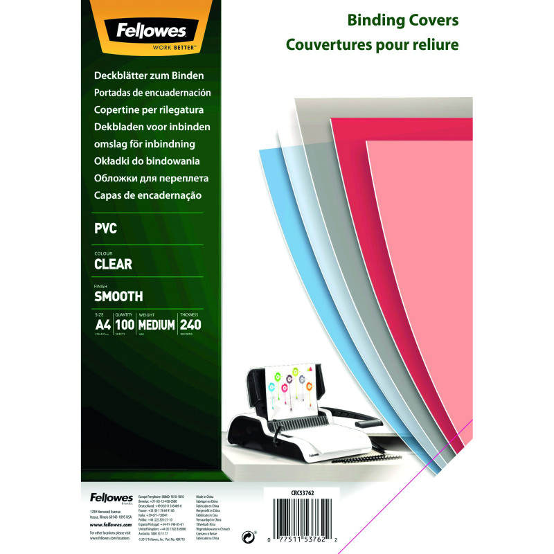 Fellowes+Clear+PVC+Covers+for+Wire+and+Com+Binding+Machines+240+Micron+%28Pack+of+100%29+53762
