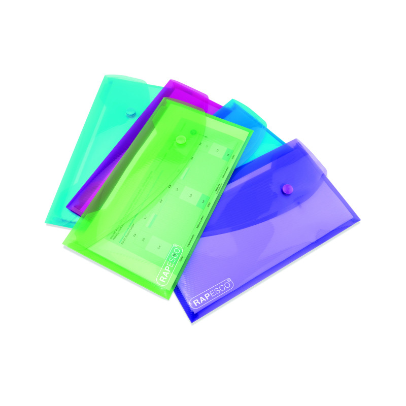 Rapesco+Eco+Recycled+Popper+Wallet+DL+Assorted+Bright+Transparent+%28Pack+of+5%29+0690