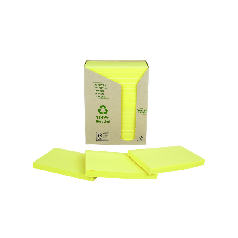 Post-it+Recycled+Notes+76x127mm+100+Sheets+Cardboard+Packaging+Canary+Yellow+%28Pack+of+16%29+655-1T
