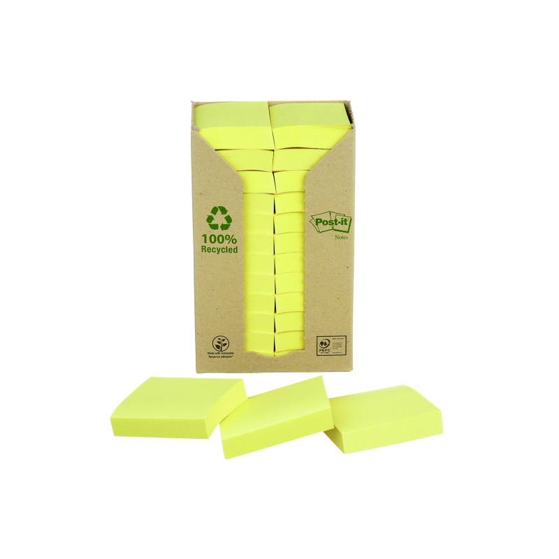 Post-it+Recycled+Notes+38x51mm+100+Sheets+Cardboard+Packaging+Canary+Yellow+%28Pack+of+24%29+653-1T