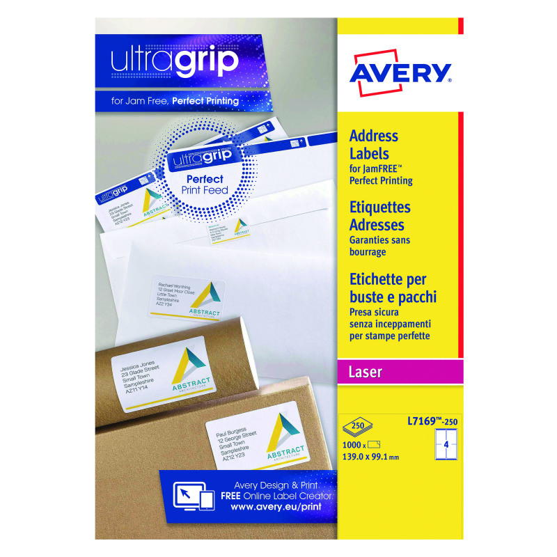 Avery+Ultragrip+Laser+Parcel+Labels+139x99.1mm+4+Per+Sheet+White+%28Pack+of+1000%29+L7169-250