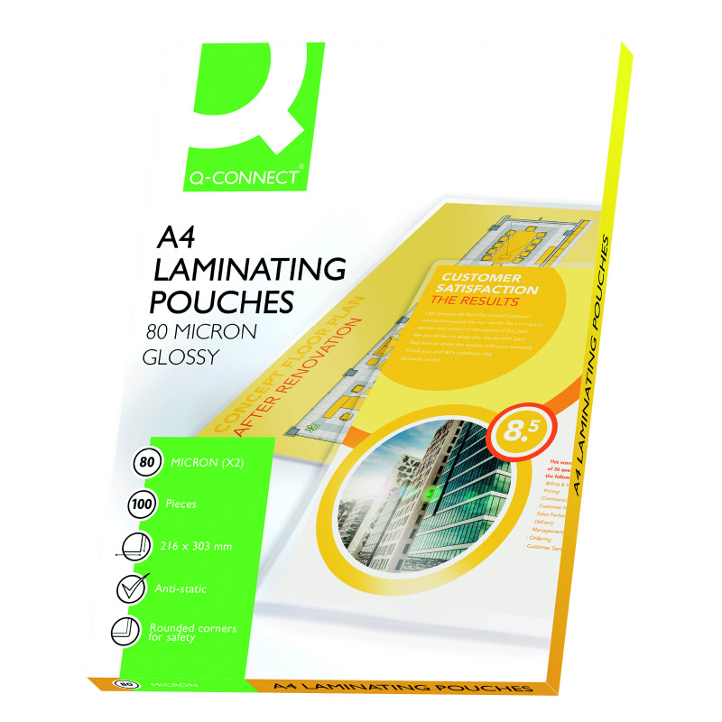 Q-Connect+A4+Laminating+Pouch+80+Micron+Each+Side+160+Micron+in+Total+%28Pack+of+100%29+KF04114