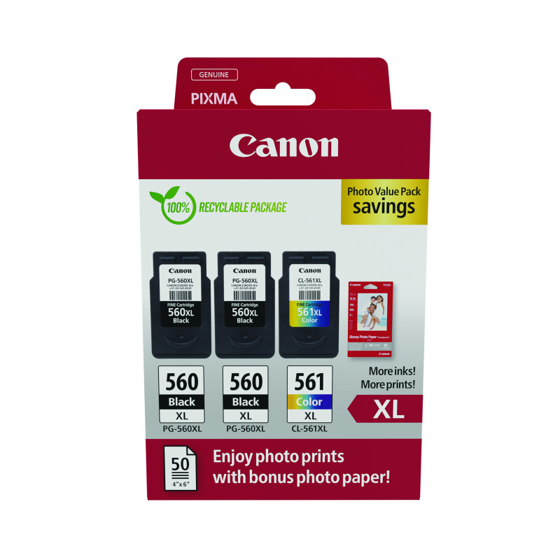 Canon+PG-560XL+x+2%2FCL-561XL+Ink+Cartridges+High+Yield+K%2FCMY+%2B+Photo+Value+Pack+3712C012