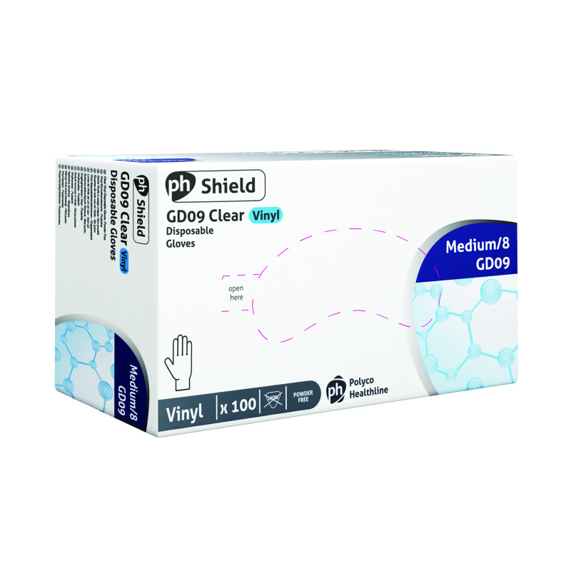 Shield+Powder-Free+Vinyl+Gloves+Medium+Clear+%28Pack+of+100%29+GD09+-+M