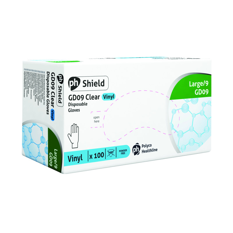 Shield+Powder-Free+Vinyl+Gloves+Large+Clear+%28Pack+of+100%29+GD09+-+L