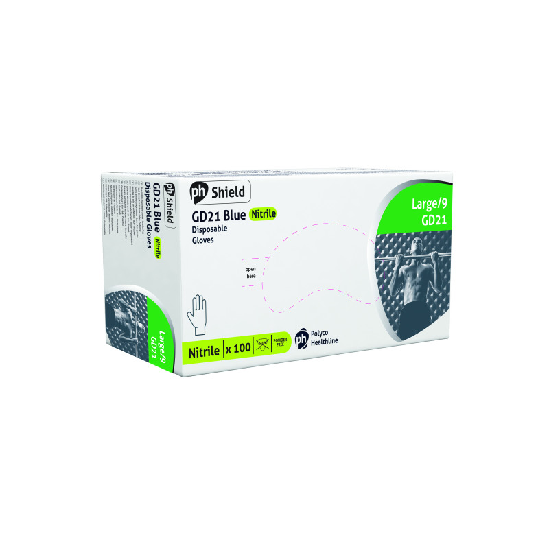 Shield+Powder+Free+Nitrile+Micro+Textured+Disposable+Gloves+Large+Blue+%28Pack+of+100%29+GD21+Large