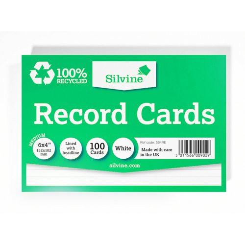 Silvine Recycled Record Cards 5x3 Inches White, Pack Of 100