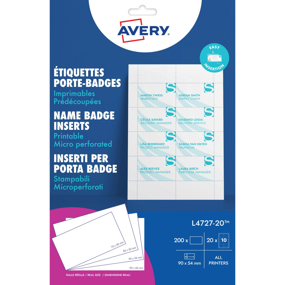 PRINTABLE INSERTS 90X54MM 200LBL 20/SH