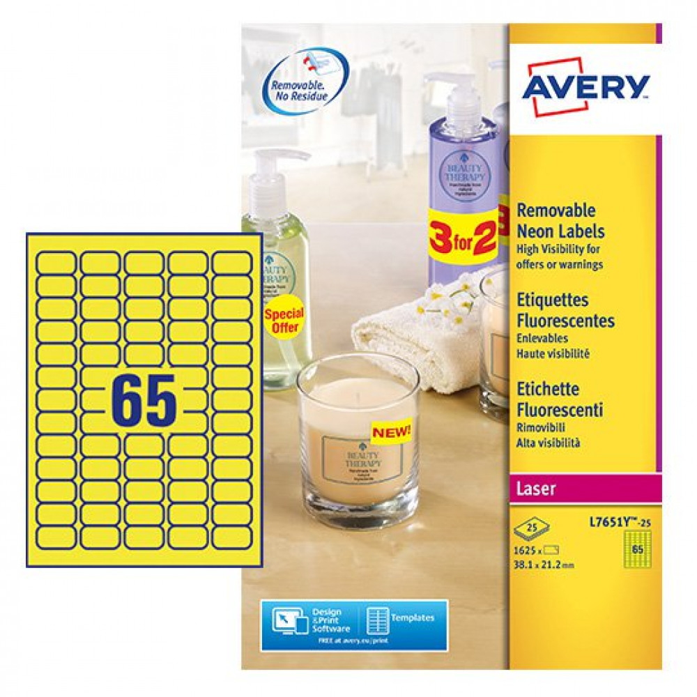 AVERY HIGH VIZ 38X21 NEON YW PK1625