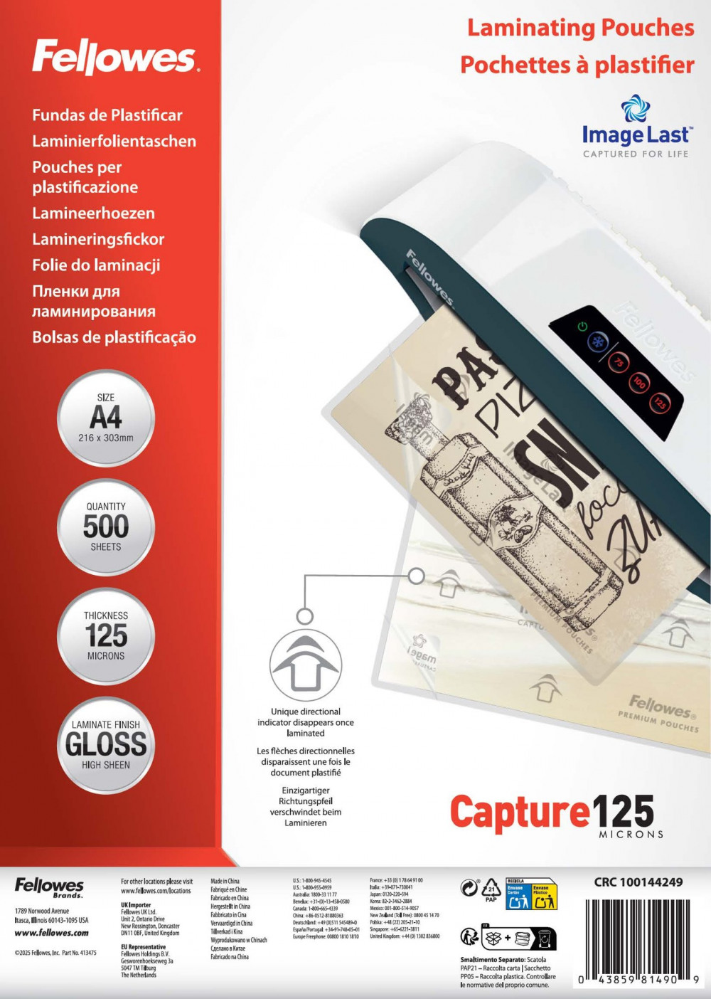 FELLOWES A4 LAMINATING POUCHES GLOSS FIN