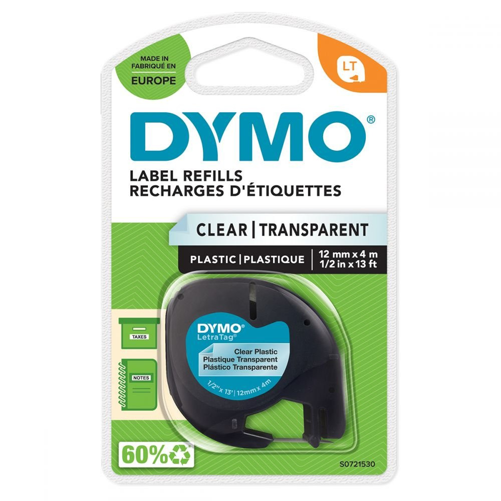 DYMO 12267 12MMX4M BLACK ON CLEAR PLASTI
