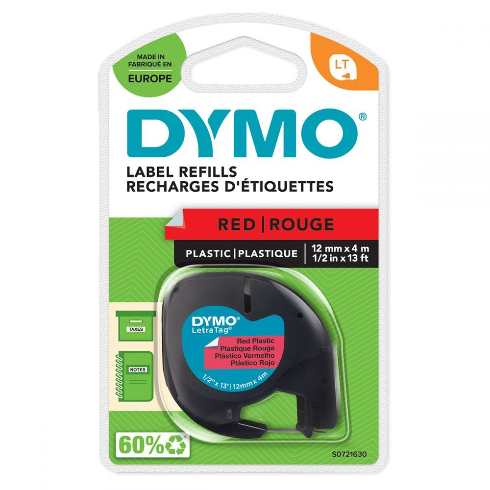 DYMO 91203 12MMX4M BLACK ON RED PLASTIC