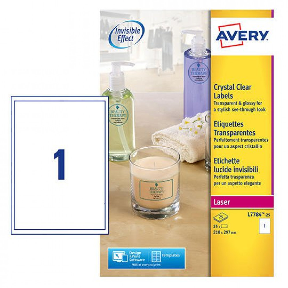 AVERY L7784-25 CRYSTAL CLEAR LABELS 25 S