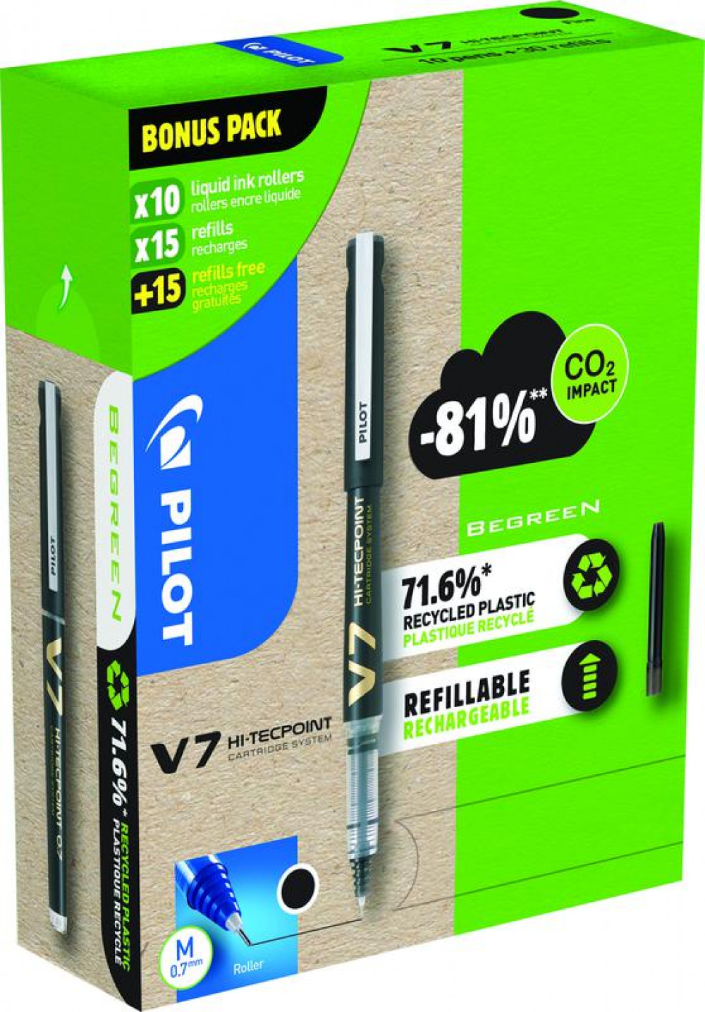 PILOT V7 ECO 0.7 BK 10 PENS+30 REFILLS