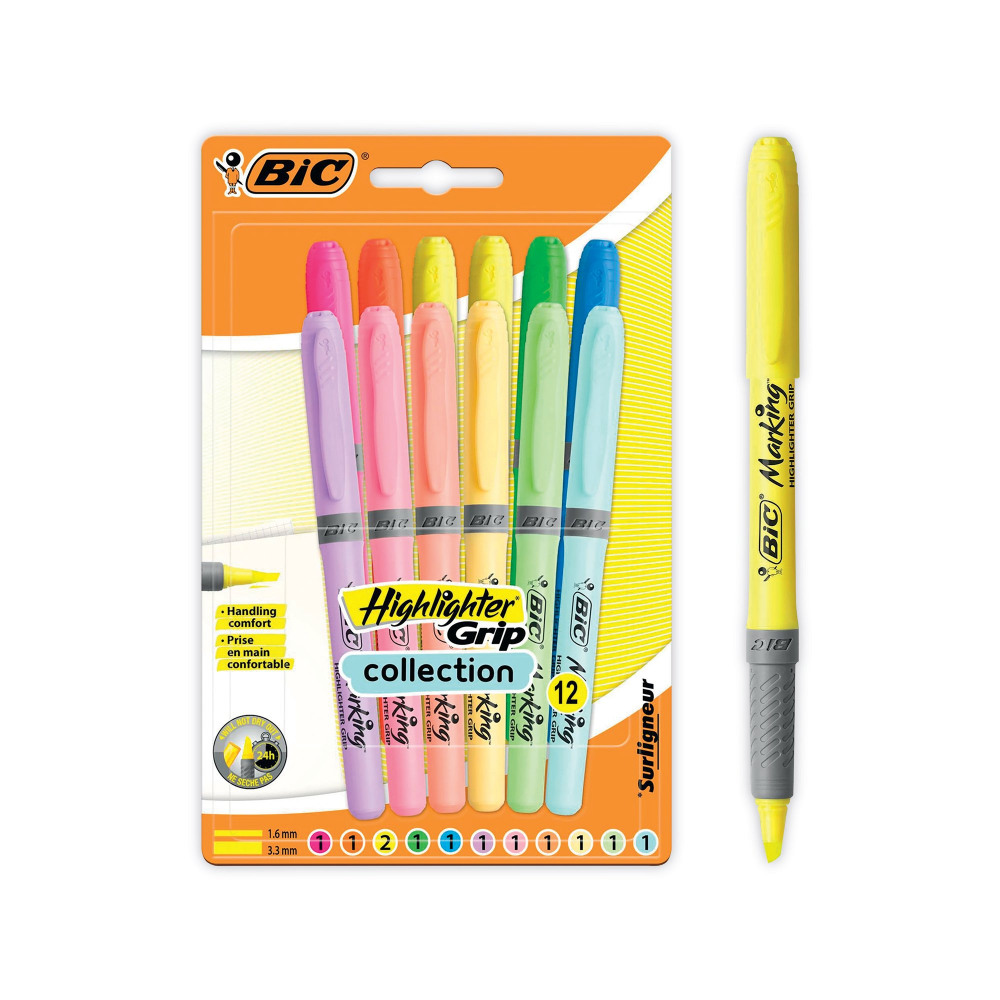 BIC HIGHLGHTR GRIP PASTEL ASTD PK12