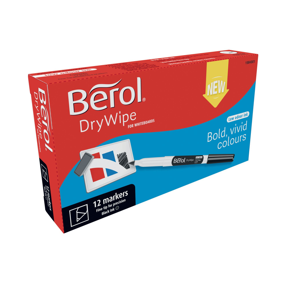 BEROL D/WIPE FINE MARKER BLK PK12
