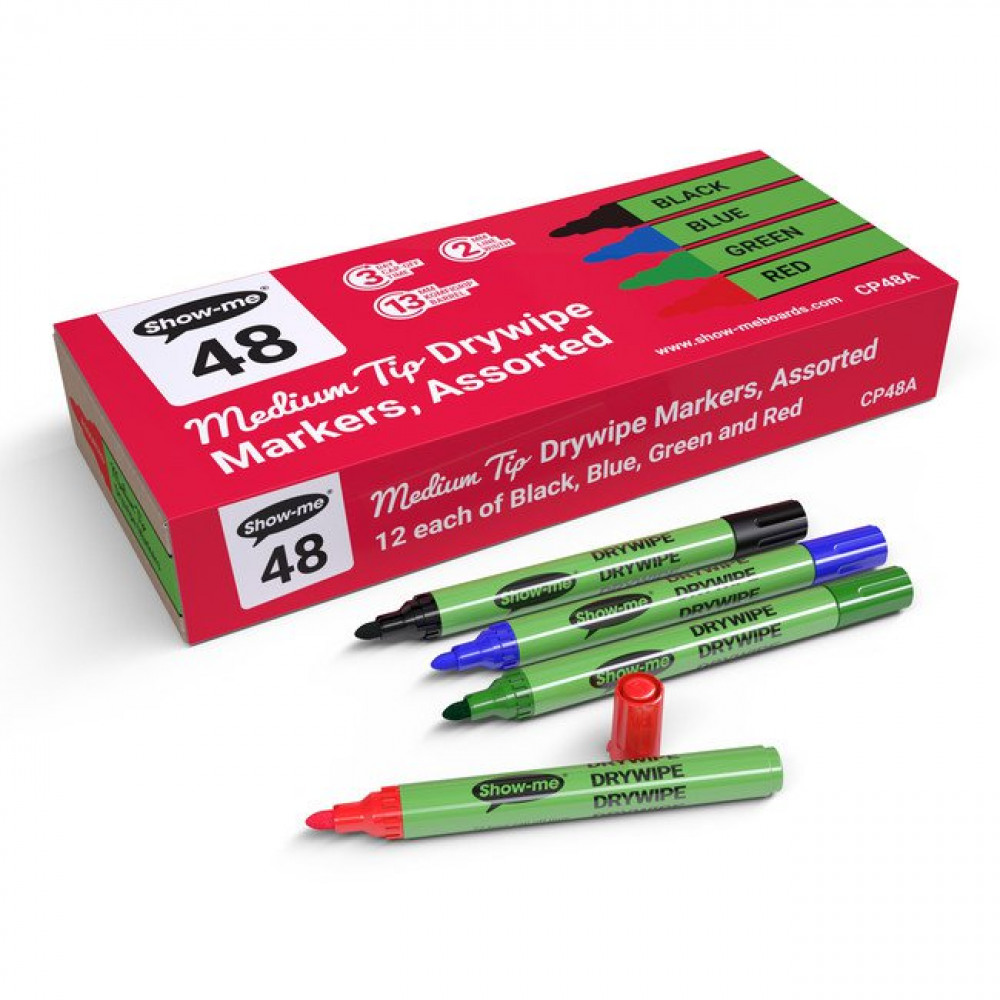 SHOW-ME DRYWIPE MARKERS MED AST PK48
