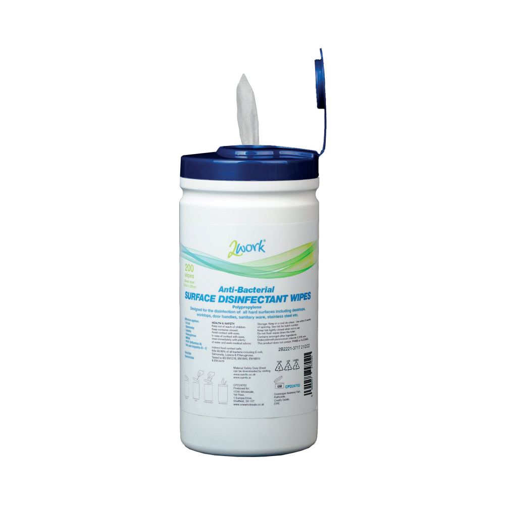 2WORK DISINFECTANT 200 WIPES TUB
