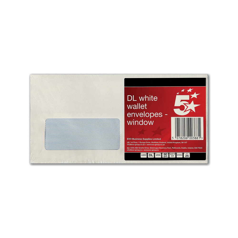 5 STAR DL ENV WINDOW 80GSM WHT PK25