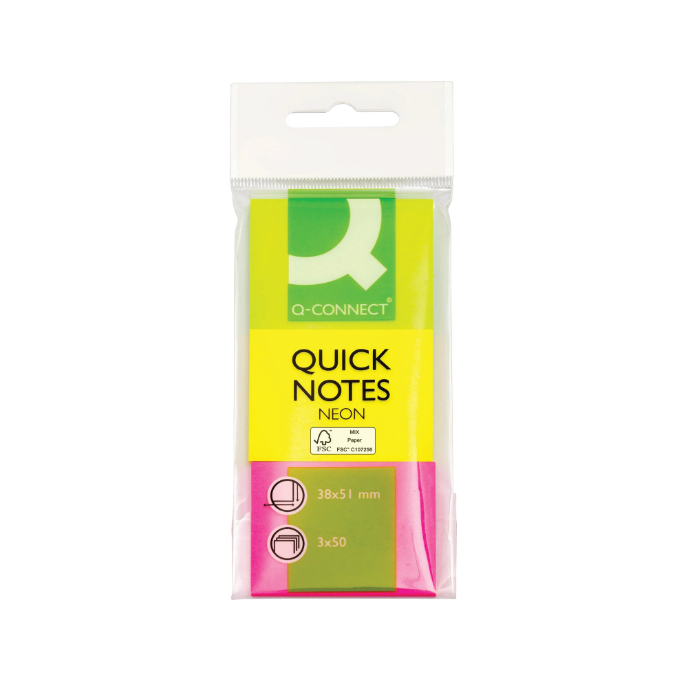 Q-CONNECT NEON QUICKNOTE 38X51MM PK3