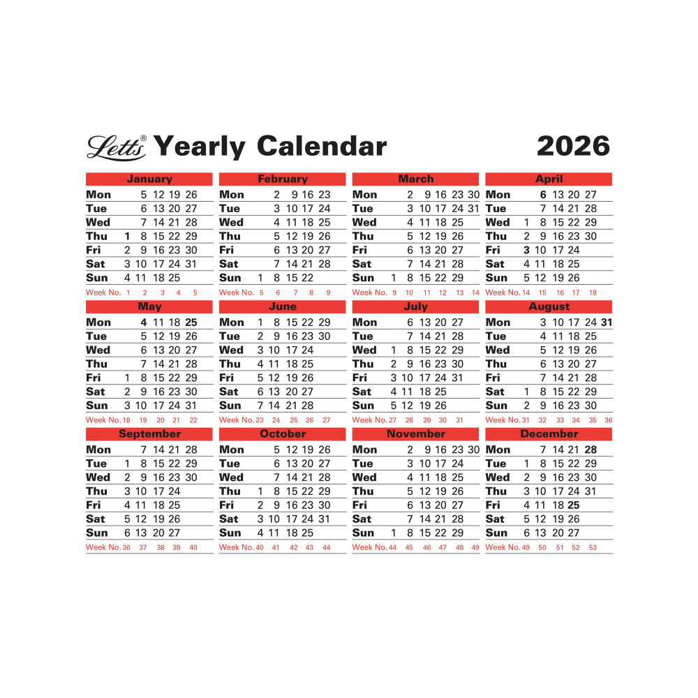 LETTS YEARLY CALENDAR 2026