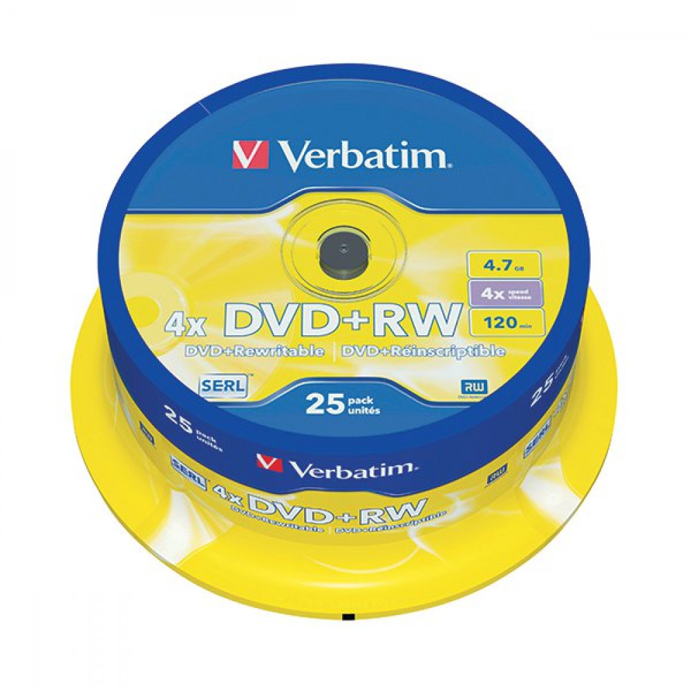 VERBATIM DVD+RW 4X SLVR SPNDLE 25