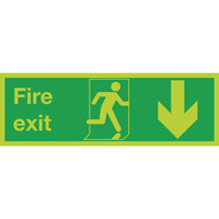 Safety Sign Niteglo Fire Exit Running Man Arrow Down 150x450mm Self-Adhesive NG28A/S
