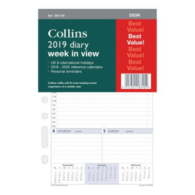 Collins 2019 Desk Organiser Diary Refill Week to View 140x216mm White Ref DK1700-19