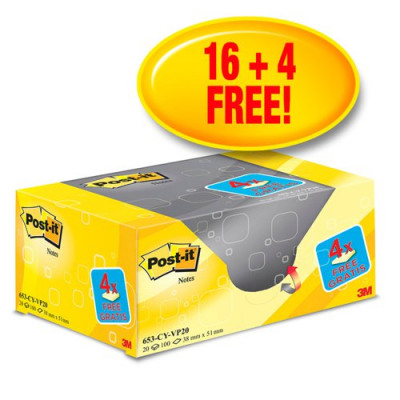 Post-it Canary Yellow Value Pack 38x51mm Pack 20