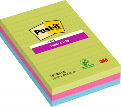 Post-It Notes 6x4 Super Sticky Ruled Ultra Assorted Pack 3