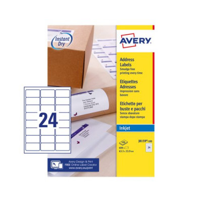 Avery Inkjet Address Labels 24 Per Page 63.5x38.1mm White 100 Sheets