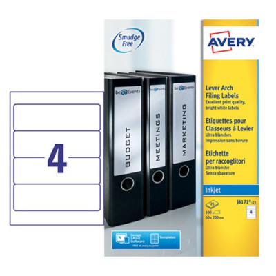 Avery Filing Labels Inkjet Lever Arch 4 per Sheet 200x60mm 100 Labels