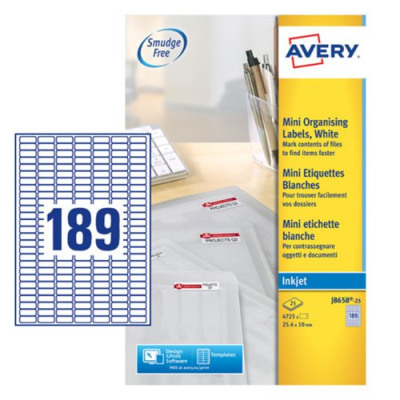 Avery Mini Inkjet Labels 189 per Sheet 25.4x10mm White 4725 Labels Pack 25