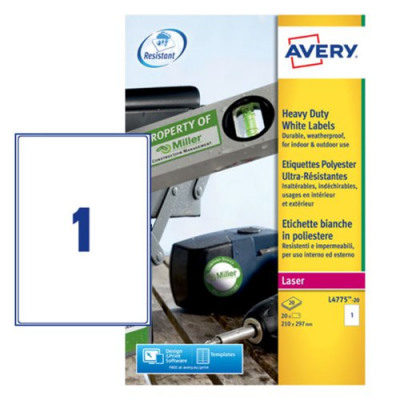 Avery Heavy Duty Labels Laser 1 per Sheet 210x297mm White 20 Labels