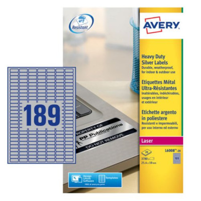 Avery Heavy Duty Labels Laser 189 per Sheet 25.4x10mm Silver 3780 Labels