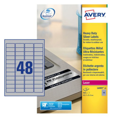 Avery Heavy Duty Labels Laser 48 per Sheet 45.7x21.2mm Silver 960 Labels