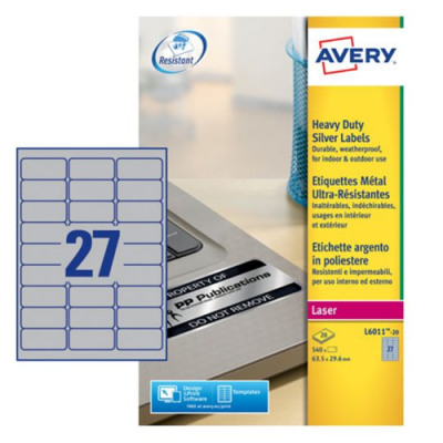 Avery Heavy Duty Labels Laser 27 per Sheet 63.5x29.6mm Silver 540 Labels