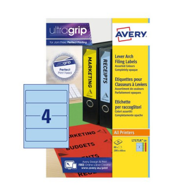 Avery Colour Laser Labels Lever Arch File 200x60mm 4 Per Sheet 80 Labels Assorted Pack 20