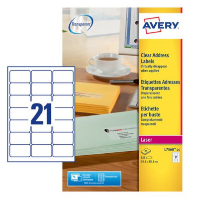 Avery Clear Addressing Labels Laser 21 per Sheet 63.5x38.1mm 525 Labels Pack 25