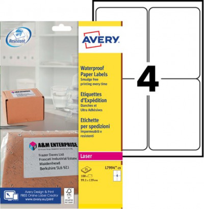 Avery Weatherproof Shipping Labels 99.1 x 57mm 25 Sheets/100 Labels Pack 25