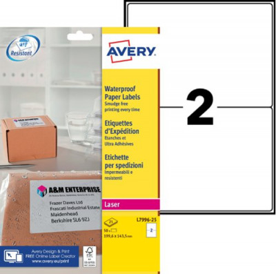 Avery L799625 Parcel Labels 1996 x 1435 mm Permanent 2 Labels Per Sheet 50 Labels Per Pack