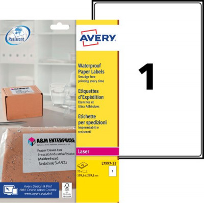 Avery L799425 Parcel Labels 1996 x 2891 mm Permanent 1 Labels Per Sheet 25 Labels Per Pack
