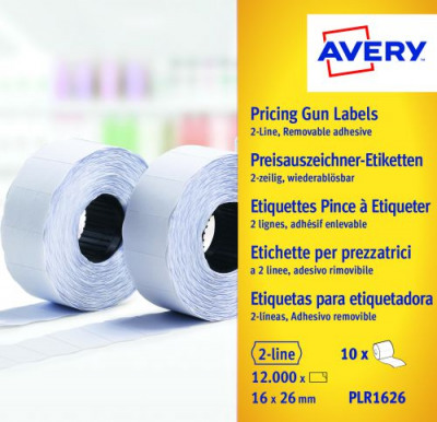 Avery Labels For Labelling Gun 2-Line Removable White 16x26mm 1200 per Roll Pack 10