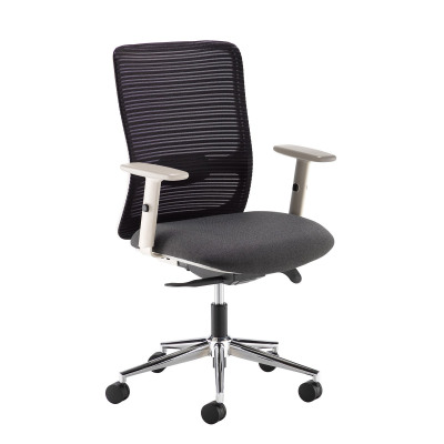 Arcade black mesh back operator chair with black fabric seat and grey frame and chrome base